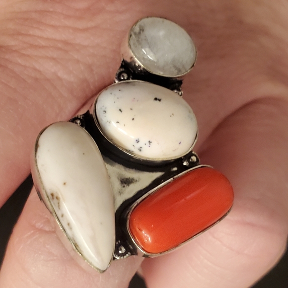 New Dendritic Opal, Coral, Rainbow Moonstone 925 Silver Statement Ring. - Picture 9 of 14